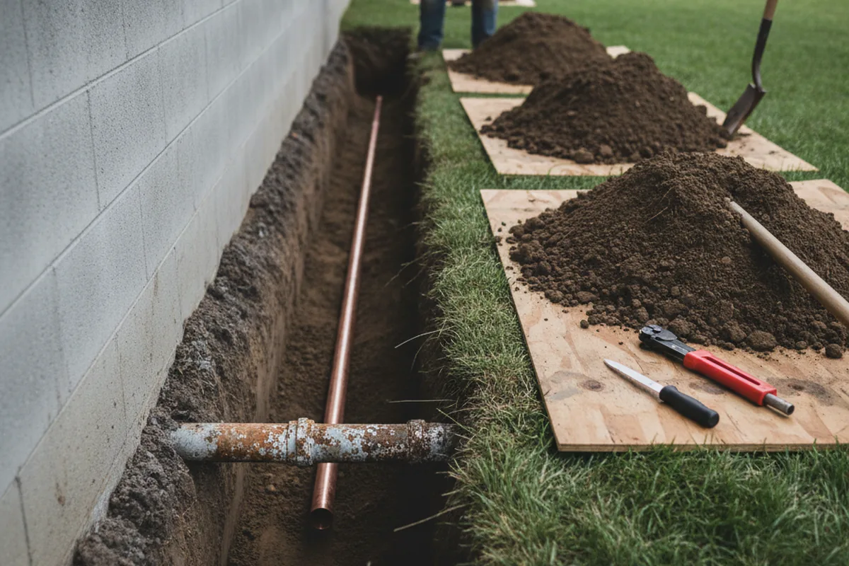 Excavated water line trench during Sewer Line Repair in Pompton Lakes